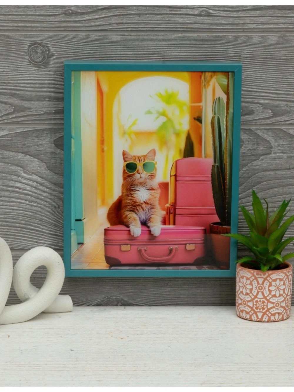Stylish Cat Wall Art Print - Orange Cat with Pink Suitcases